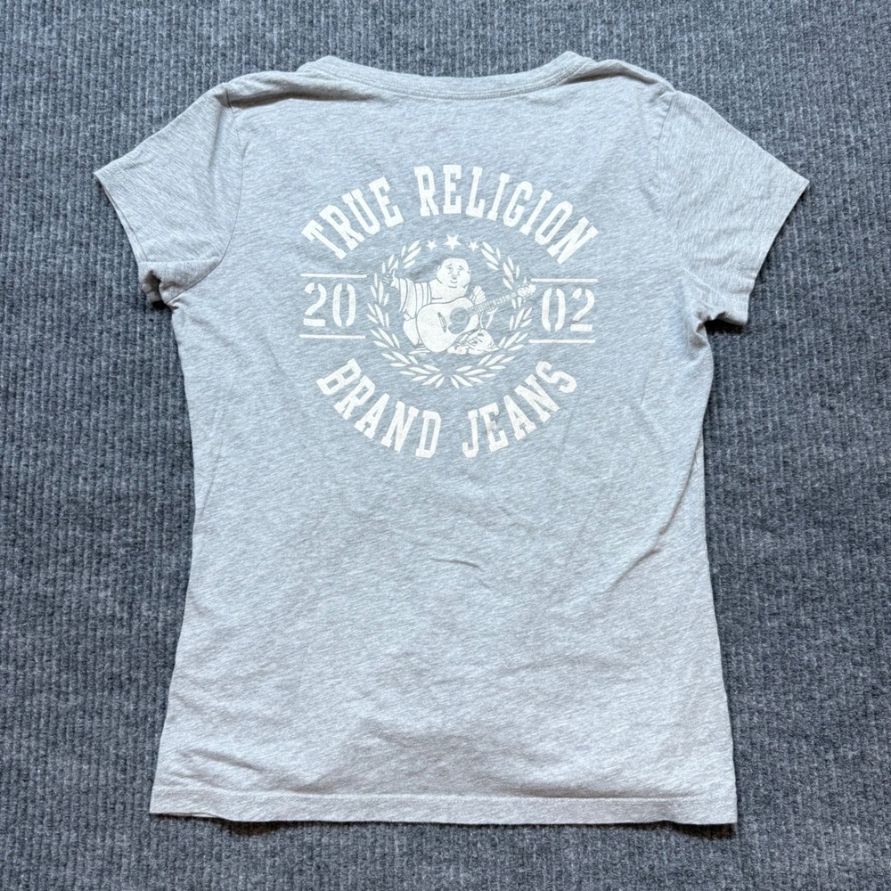 True Religion Womens Medium Gray Logo Deep V Graphic T-Shirt Short Sleeve Tee